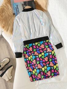 2 件套 Tween Girl 印花拉链夹克风衣和 A 字裙套装 - 彩色 - 查看 2