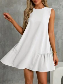 SHEIN Essnce 波西米亚风连衣裙淡蓝色连衣裙亚麻女式条纹圆领无袖休闲迷你连衣裙 - 白色 - 查看 3