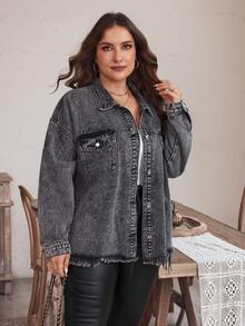SHEIN LUNE Áo khoác denim tay dài cài nút phía trước cỡ lớn thường ngày - Xám - Xem 3