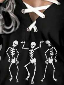 INAWLY 女式万圣节全印花交叉带性感迷你连衣裙 - 黑色 - 查看 2