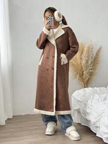 SHEIN EZwear Women's Winter Contrast Color Thermal Lined Long PU Leather Jacket - Brown - View 6