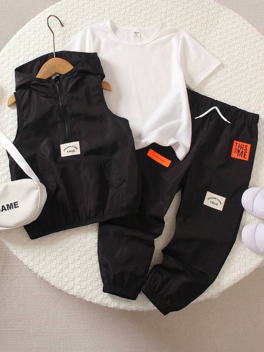 SHEIN 3pcs/Set Young Boy Casual Sports College Style Short Sleeve T-Shirt, Hooded Half-Zip Jacket With Label, And Label Printed Pants, Suitable For Daily Wear, School, Sport, Outdoor Activities In Spring And Summer, Cool Fashion Summer Holiday - Black - View 1