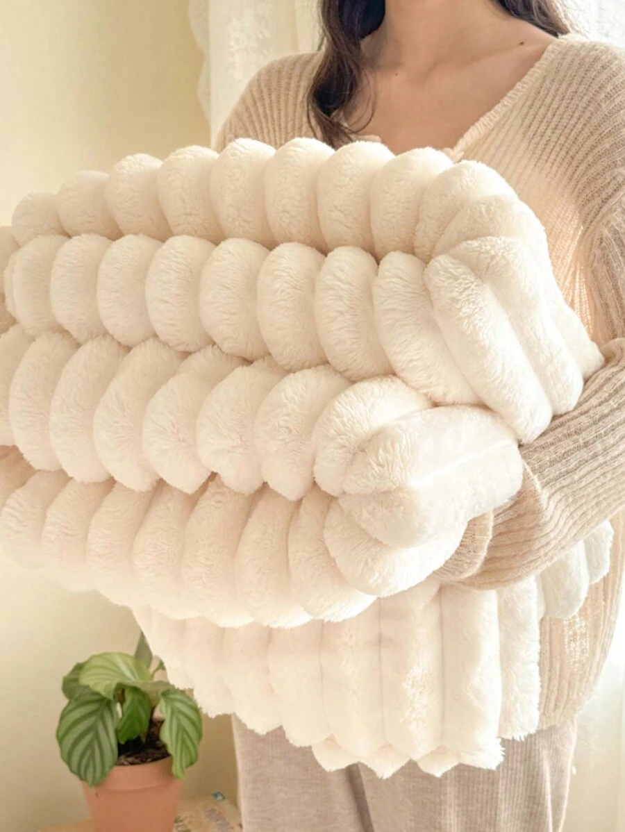 1 件大号条纹仿兔毛毯，法兰绒盖毯，适合沙发、单人/双人床、夏季办公室午睡，四季皆宜的温暖舒适毛绒毯，有白色和灰色可选，可作为礼物赠送