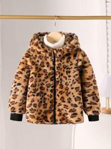 Chaqueta con estampado de leopardo esponjosa y de moda para niña, con diseño de patrón clásico de leopardo para mostrar un estilo de tendencia, cierre de cremallera completo para bloquear eficazmente el viento frío y mantener el calor en otoño e invierno, adecuada para uso diario informal, actividades al aire libre y viajes al aire libre - Gris - Ver 1