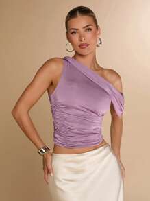 SHEIN BAE Women's Solid Color Asymmetrical Neck Ruched Fitted Blouse, Summer - Dusty Pink - View 4