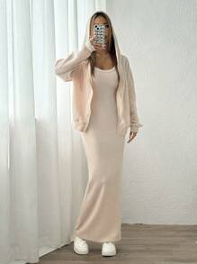 SHEIN EZwear 2 Stück Set für Damen bestehend aus einfarbiger Kapuzenjacke mit Reißverschluss vorne und lässigem Kleid