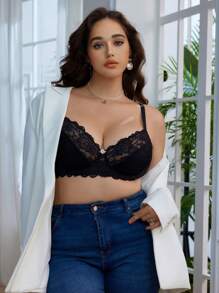 Plus Size Women's Classic Padded Underwire Contrast Lace Bra, Lingerie - Black - View 1