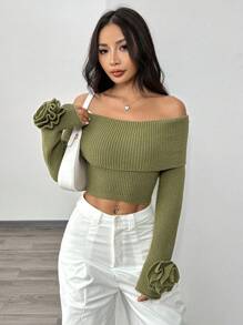 Chiquease Suéter informal y elegante para damas con manga larga descubierta del hombro y flor 3D
