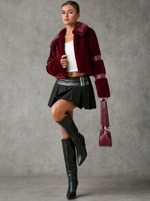 SHEIN BAE Women's Solid Long Sleeve Turndown Collar Casual Loose Fluffy Jacket, Winter Fall Women Jackets Winter Women Coat Winter Women Clothes Fur Coat Red Burgundy Women Fur Coat - Burgundy - View 5