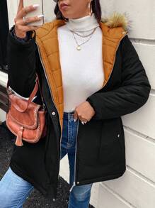 SHEIN LUNE Plus Size Women Drawstring Waist Hooded Loose Casual Parka Padded Coat, Winter - Black - View 8