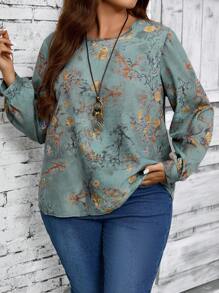 EMERY ROSE Plus Size Women's Round Neck Long Sleeve Allover Print Casual Blouse