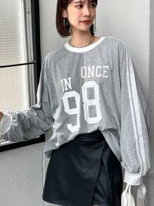 FRIFUL Áo thun nữ tay dài cổ tròn rộng rãi in chữ, thời trang xuân/hè, thu - Xám - Xem 4