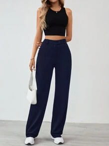SHEIN Tall Women's Solid Color Zipper Built-In Straight Pants - Navy Blue - View 5