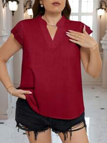 SHEIN Clasi Plus Size Women Fall Women  Solid Color Notch V-Neck Batwing Sleeve Loose Shirt - Red - View 4