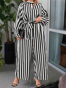 Plus Size Stand Collar Long Sleeve Belted Striped Casual Jumpsuit