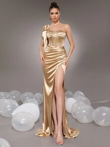 Modphy Nuevo vestido de noche formal largo dorado con un solo hombro, lazo, plisados y abertura alta para mujer - Dorado - Ver 1
