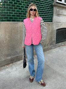 Forever 21 Women's Pink Quilted Padded Vest Jacket, Winter - Pink - View 6