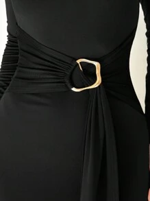 Aloruh 冬季新款修身保暖立领长袖收腰连衣裙 - 黑色 - 查看 5