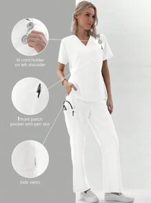 TaskEZ 1set Women Nurse Uniform Scrub Set With 1 Pocket V-Neck Top + 4 Pockets Drawstring Back Elastic Pants Set - White - View 2