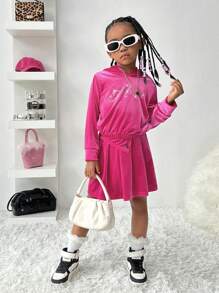 SHEIN Y2K-stijl zoete peutermeisjes 2-delige set: strass letter fluwelen capuchontop + modieuze minirok, geschikt voor herfst, winter, thuis, casual, feest, familiebijeenkomst