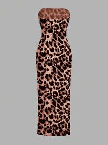 Slaydiva Váy Bandeau họa tiết da báo không cần áo ngực cho nữ, mùa hè - Gỗ đỏ - Xem 4