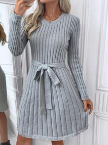 SHEIN LUNE Vestido suéter corto casual minimalista de cuello redondo, manga larga, con lazo frontal, unicolor