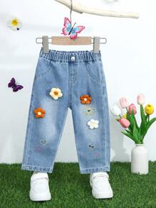 Jean décontracté bleu pour bébé filles avec décoration de fleurs 3D et coupe ample - Jean bleu - Voir 1