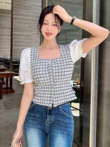 DAZY 女式撞色短袖前扣简约休闲格纹衬衫 - 藍色 - 查看 6