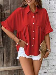 Breezaya Áo sơ mi nữ tay ngắn cài nút phía trước bèo nhún cho trang phục thường ngày năm mới - Đỏ - Xem 4