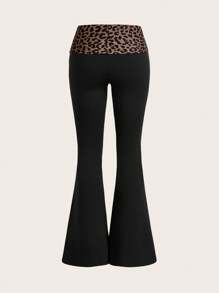 SHEIN ICON Quần ống loe cạp gập họa tiết da báo cho nữ cạp siêu thấp - màu đen - Xem 3