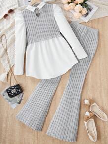 2pcs/Set Teen Girls Ribbed Shirt And Ribbed Elastic Waist Flare Pants - Grey - View 2