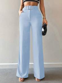 EURMUSE Women's Solid Color Loose Fit Straight Leg Trousers With Pockets For Daily & Workwear - Baby Blue - View 1