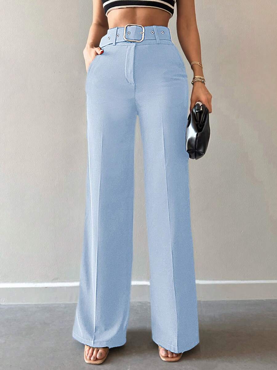 EURMUSE Women's Solid Color Loose Fit Straight Leg Trousers With Pockets For Daily & Workwear - Baby Blue - View 1