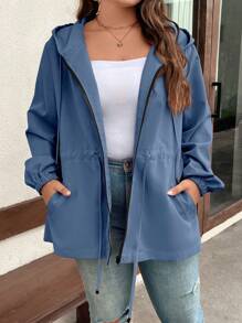 SHEIN LUNE 大码春秋休闲纯色抽绳连帽夹克 - 霧霾藍 - 查看 5