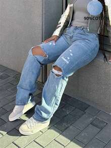 2024 New European And American Loose Casual Simple Straight-Legged Pants With Holes - Light Wash - View 4