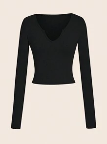 INAWLY Women's Plain V-Neck Long Sleeve Cropped Slim Fit T-Shirt, Spring And Summer , Black Crop Top Long Sleeve Fall Cloth For Women