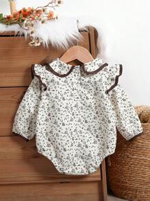 Baby Girls Floral Printed Ruffled Collar Bodysuit With Lace Trim Front Panel, Cute Designer Autumn Fashion - Apricot - View 2