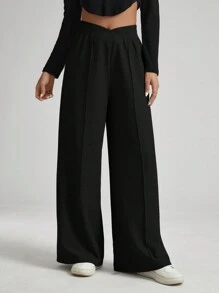 Auralis 大码女装秋季商务休闲女装新款时尚休闲通勤纹理面料纯黑色阔腿裤、长裤、口袋正装裤。休闲裤、宽松女裤、女式正装裤、秋季裤