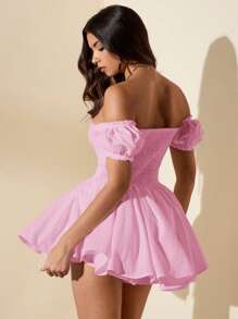 SHEIN BAE 女士优雅连体衣，适合海滩度假、约会、派对、姐妹聚会，泡泡袖，露背设计，颜色鲜艳，非常适合秋季、返校季、外出装 - 淺粉色 - 查看 2