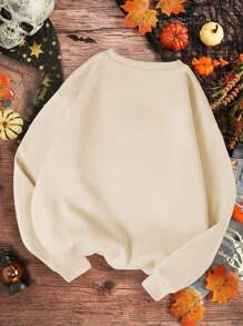 Tween Girls Cartoon Ghost & Butterfly Print Fleece Crewneck Sweatshirt, Fall/Winter - Apricot - View 2