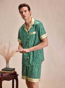 EverLounge Men's Floral Print Contrast Collar Short Sleeve Button-Front Shirt And Shorts Pajamas Set - Multicolor - View 4