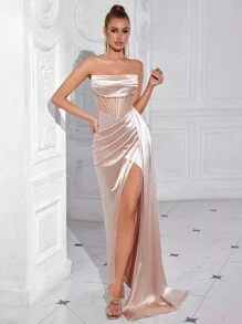 ADYCE Women's Tube Top Fishbone Pleated Modified Ruched Cut-Out Sheer Waist Long Ribbon Backless Prom Long Party Dress, Formal Evening Dress, For Wedding Guest, Graduation, Dinner,Gown