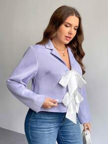 SHEIN Privé 大码女式优雅通勤校园风格迷人返校派对下午茶约会领结撞色短款纹理面料西装外套，秋冬 - 紫色 - 查看 2