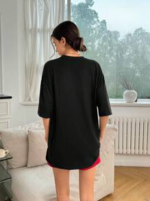 SHEIN EZwear Chất rắn Áo thun Thả vai - màu đen - Xem 2