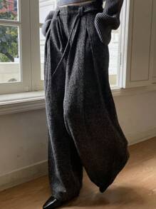 Livesso 宽松商务休闲阔腿裤，带口袋和腰带，女士秋冬款 - 黑色 - 查看 1