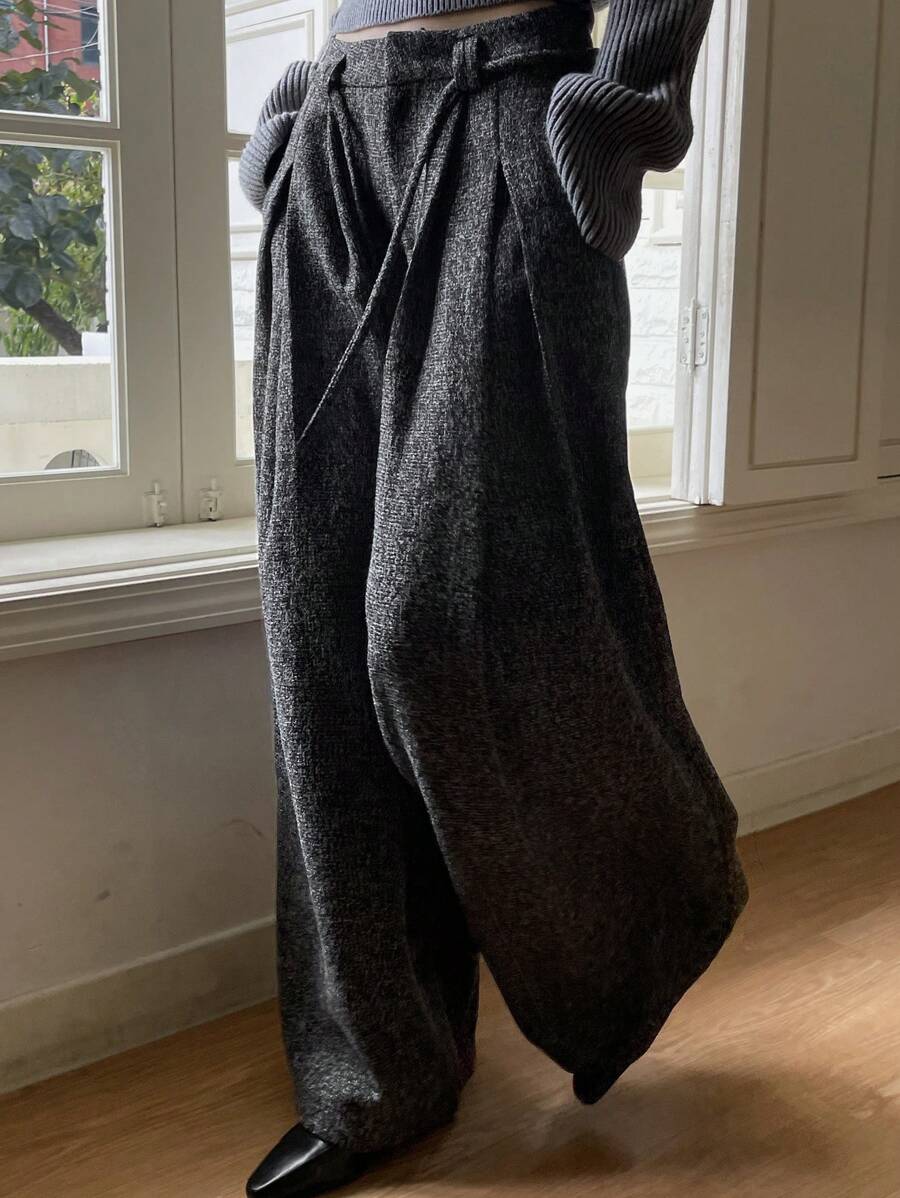 Livesso 宽松商务休闲阔腿裤，带口袋和腰带，女士秋冬款 - 黑色 - 查看 1