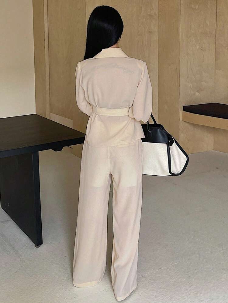 Solid Color Blazer & Wide-Leg Pants Women Suits, Business Casual,Fall Clothes