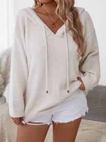 Plus Size Women's Solid Color Dropped Shoulder Long Sleeve Fleece Drawstring Hooded Sweater, Fall/Winter Knit Pullover