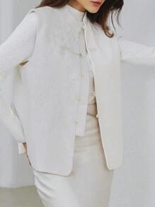 SHEIN Privé 女士优雅无袖刺绣纽扣休闲夹克 - 米色 - 查看 2