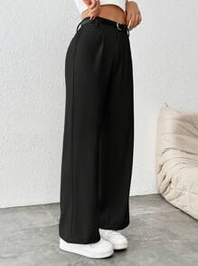 SHEIN PETITE 女式休闲直筒裤（配腰带） - 黑色 - 查看 6